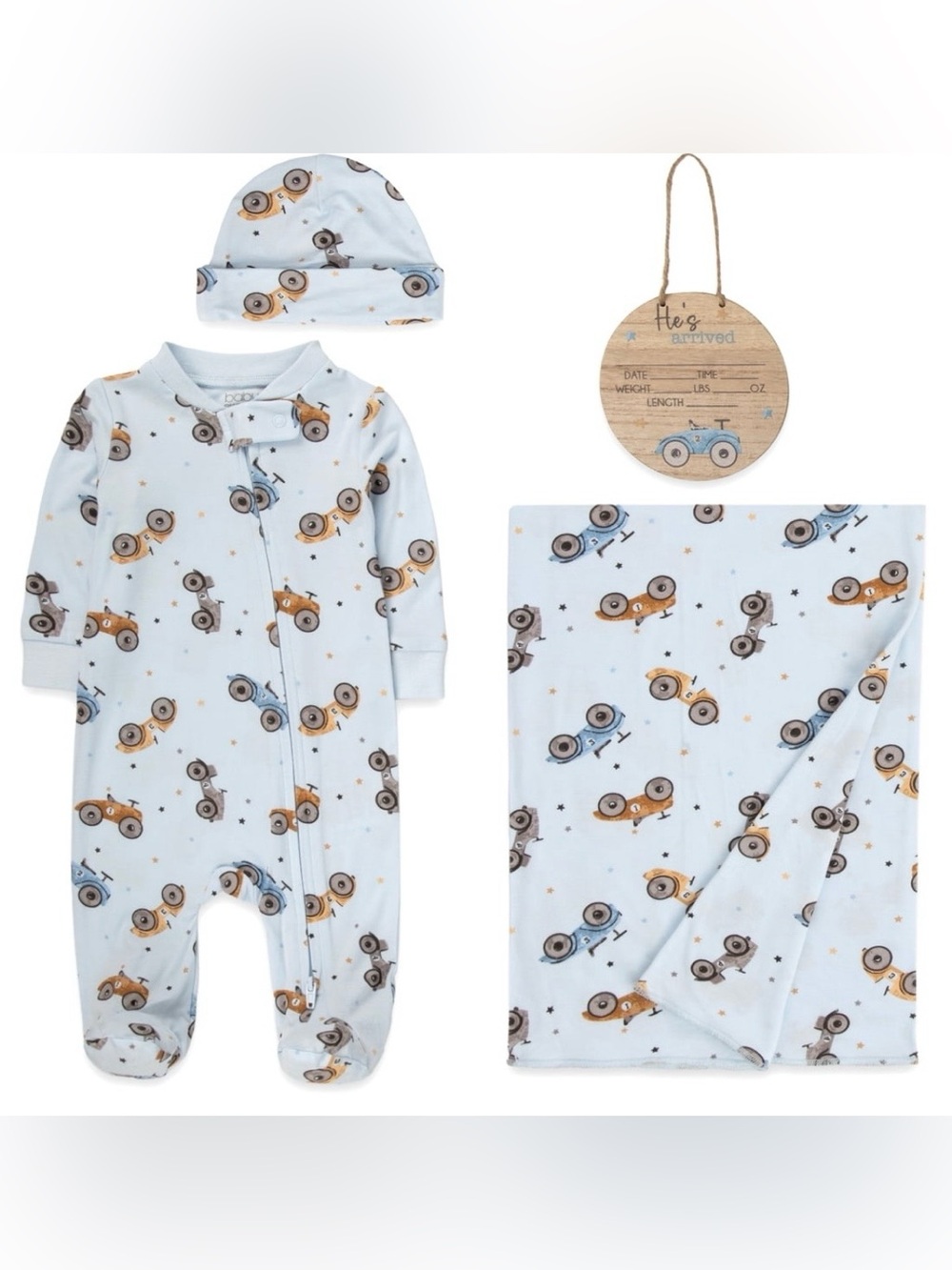 Baby essentials, newborn boys  footie gift set with hat, blanket, & wood plaque